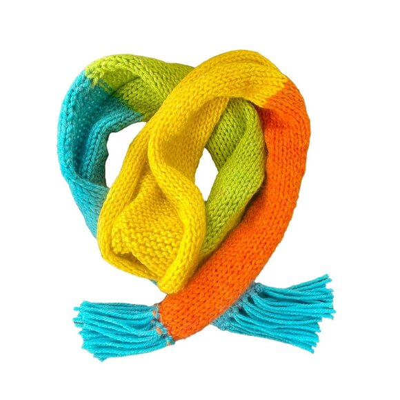 Handmade Knit Scarf with Tassels Details in Green Yellow Orange and Blue hand ma - Picture 4 of 9